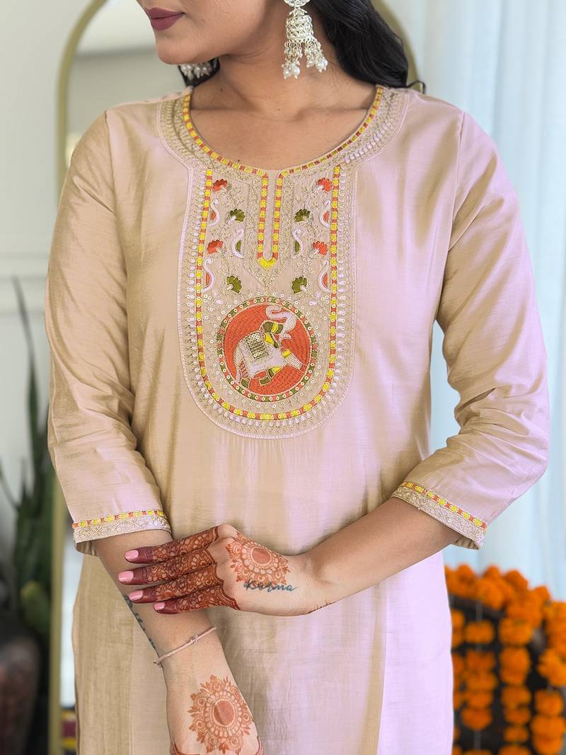 Cream viscose silk sequin embroidered kurta set with orange dupatta