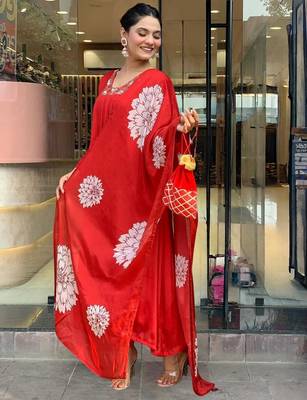 Red chinon silk sequin embroidered u neck kurta set with printed dupatta 4