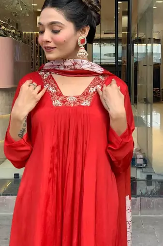 Red chinon silk sequin embroidered u neck kurta set with printed dupatta