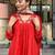 Red chinon silk sequin embroidered u neck kurta set with printed dupatta