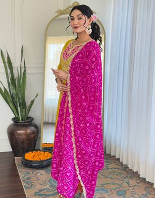 Yellow viscose silk sequin embroidered v neck kurta set with pink dupatta 4