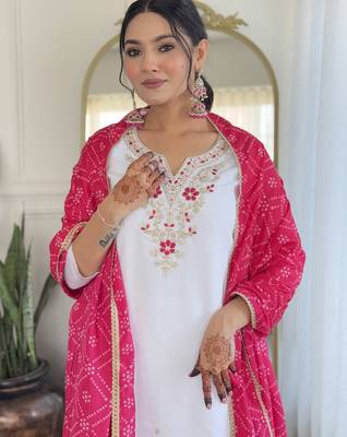 White viscose silk sequin embroidered v neck kurta set with pink dupatta 4