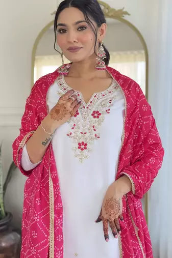 White viscose silk sequin embroidered v neck kurta set with pink dupatta