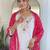 White viscose silk sequin embroidered v neck kurta set with pink dupatta