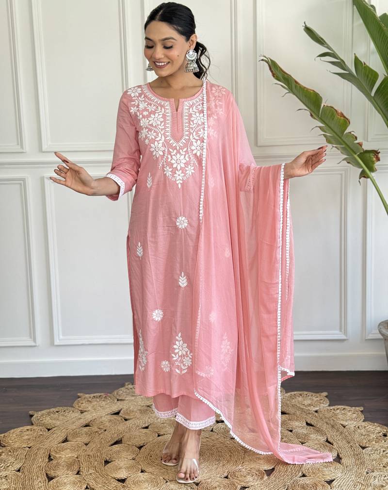 Pink cotton silk lakhanavi embroidered round neck kurta set with nazmin dupatta