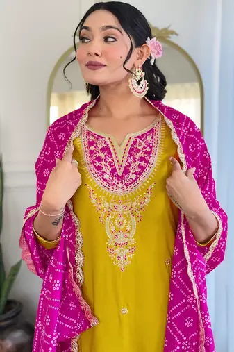 Yellow viscose silk sequin embroidered v neck kurta set with pink dupatta