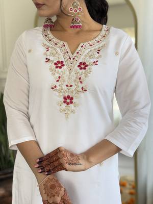 White viscose silk sequin embroidered v neck kurta set with pink dupatta 5