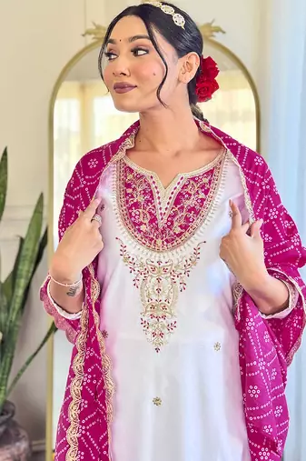 White viscose silk sequin embroidered v neck kurta set with pink dupatta