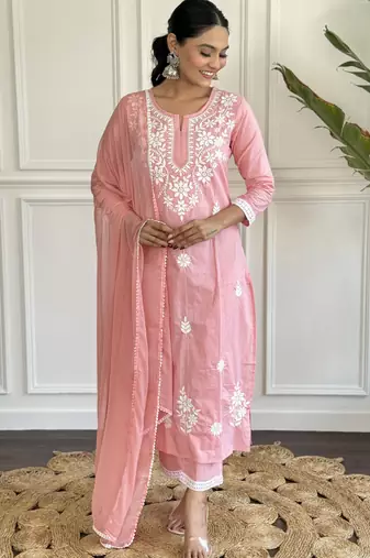 Pink cotton silk lakhanavi embroidered round neck kurta set with nazmin dupatta