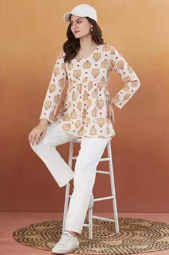 White printed designer rayon women short kurti