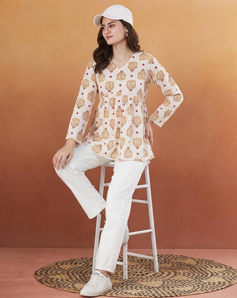 White printed designer rayon women short kurti