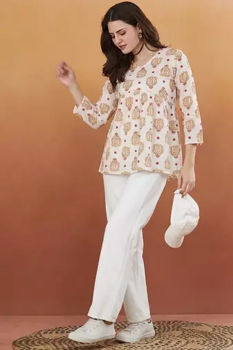White printed designer rayon women short kurti