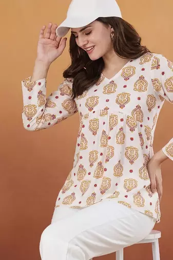 White printed designer rayon women short kurti