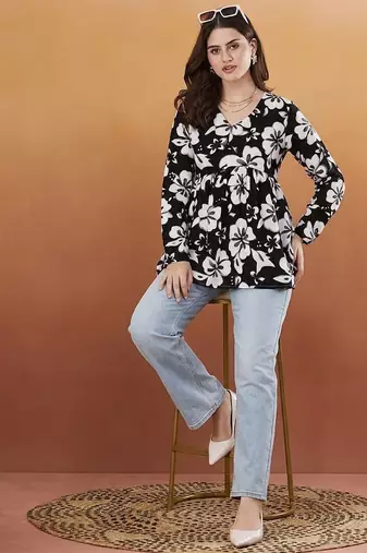 Women's rayon printed black casual top