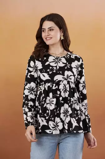 Women's rayon printed black casual top