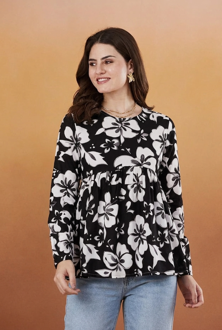 Women's rayon printed black casual top