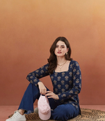 Women's rayon handprinted designer casual wear ethnic blue short kurti