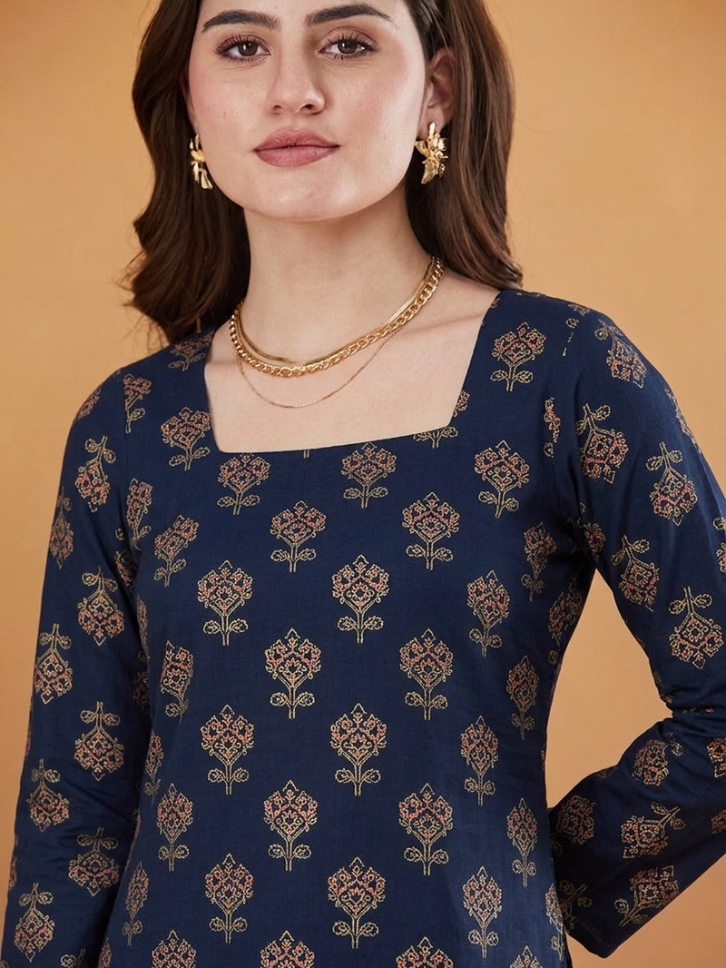 Women's rayon handprinted designer casual wear ethnic blue short kurti