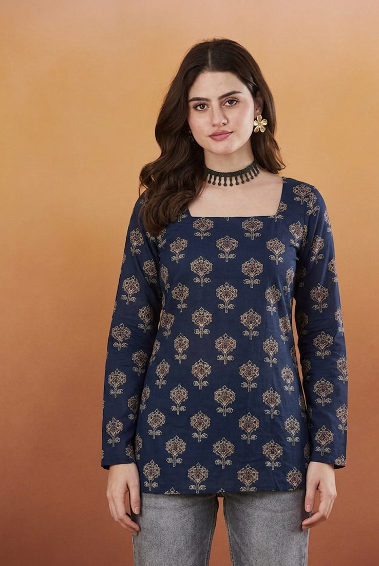 Women's rayon handprinted designer casual wear ethnic blue short kurti