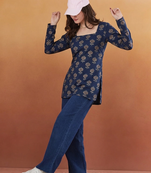 Women's rayon handprinted designer casual wear ethnic blue short kurti