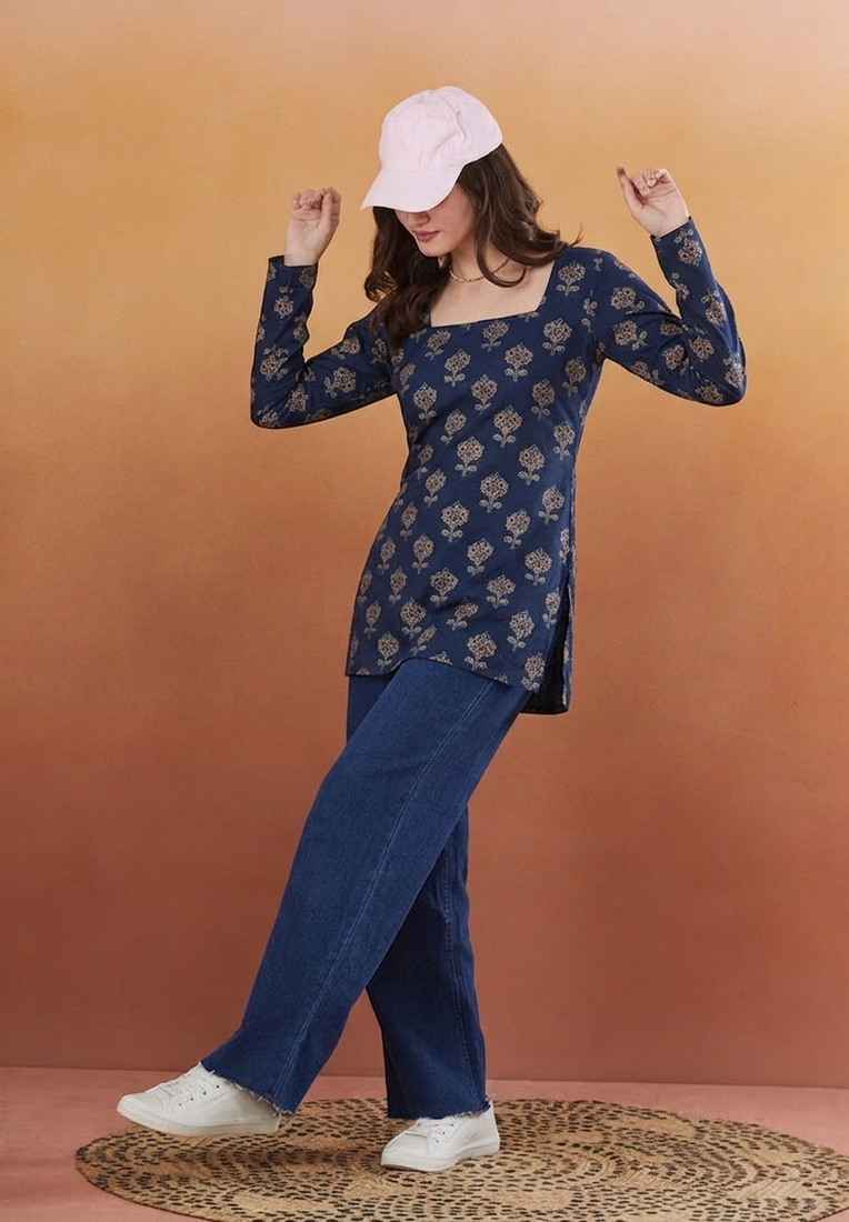 Women's rayon handprinted designer casual wear ethnic blue short kurti