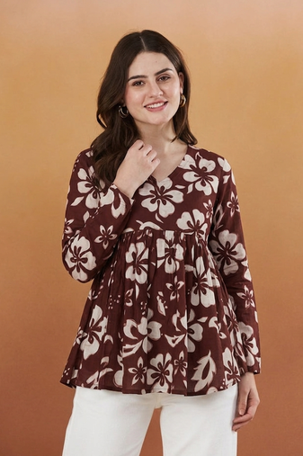 Women's rayon handprinted designer casual wear ethnic maroon short kurti