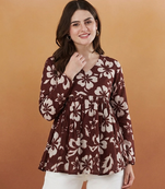 Women's rayon handprinted designer casual wear ethnic maroon short kurti