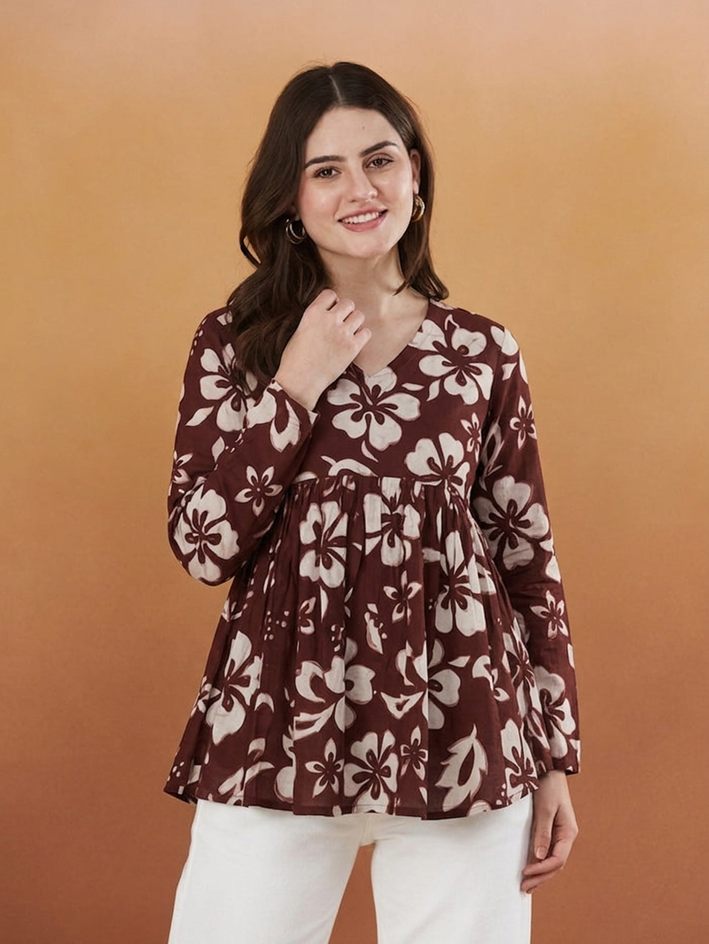 Women's rayon handprinted designer casual wear ethnic maroon short kurti