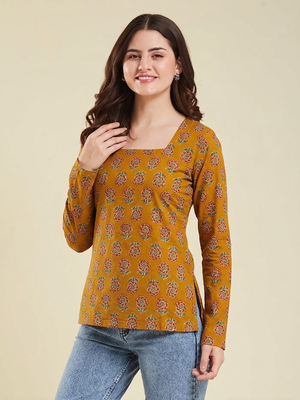 Women's rayon handprinted designer casual wear ethnic orange short kurti 1