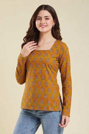 Women's rayon handprinted designer casual wear ethnic orange short kurti