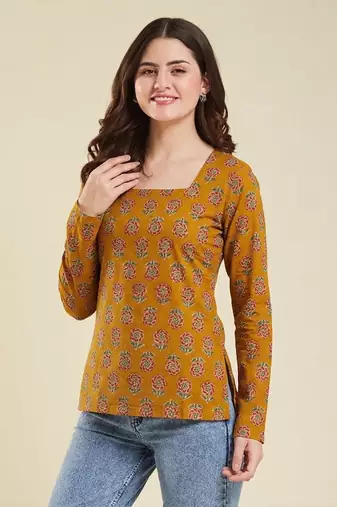 Women's rayon handprinted designer casual wear ethnic orange short kurti