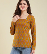 Women's rayon handprinted designer casual wear ethnic orange short kurti