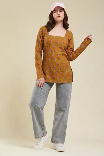 Women's rayon handprinted designer casual wear ethnic orange short kurti
