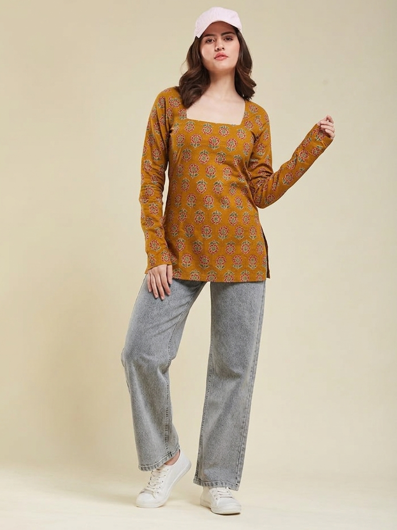 Women's rayon handprinted designer casual wear ethnic orange short kurti