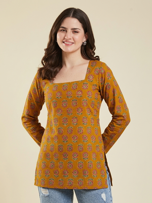Women's rayon handprinted designer casual wear ethnic orange short kurti 4