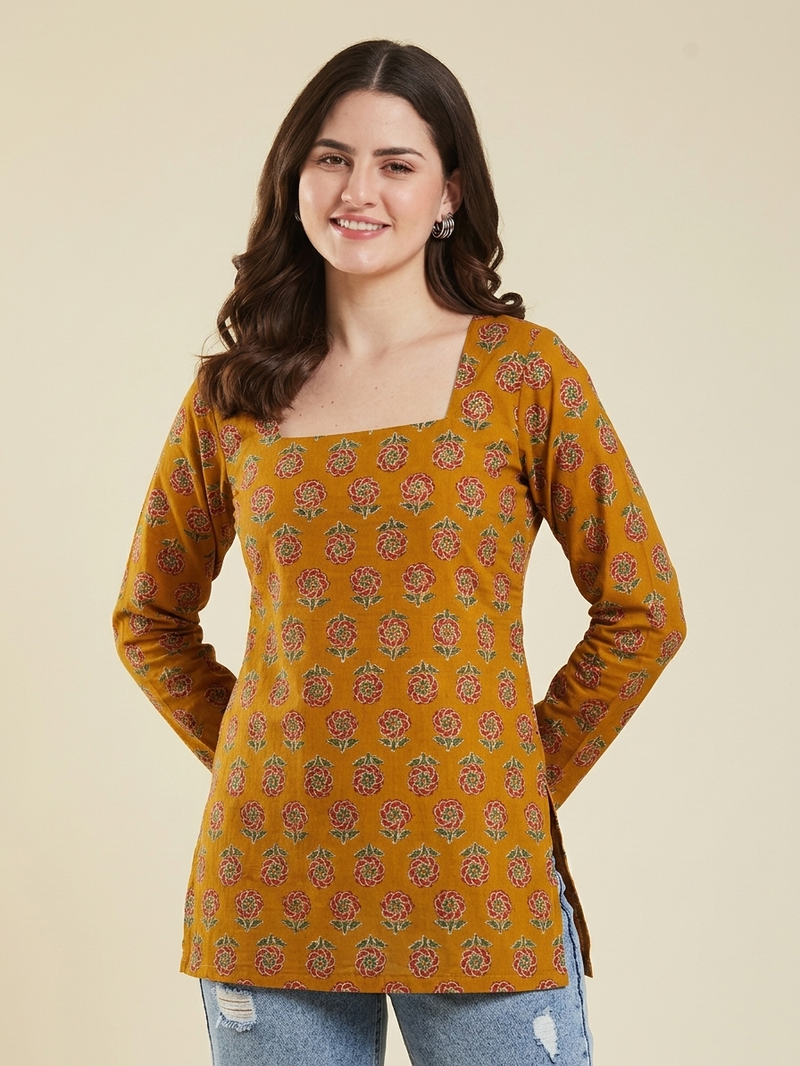 Women's rayon handprinted designer casual wear ethnic orange short kurti