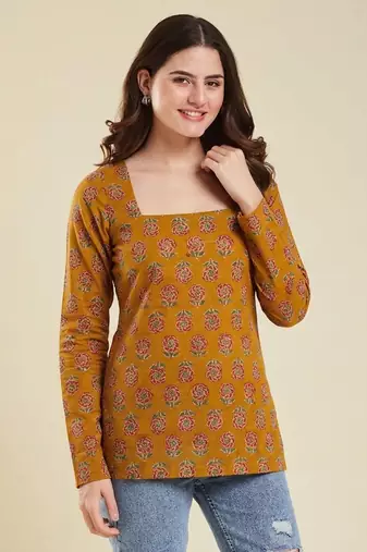 Women's rayon handprinted designer casual wear ethnic orange short kurti