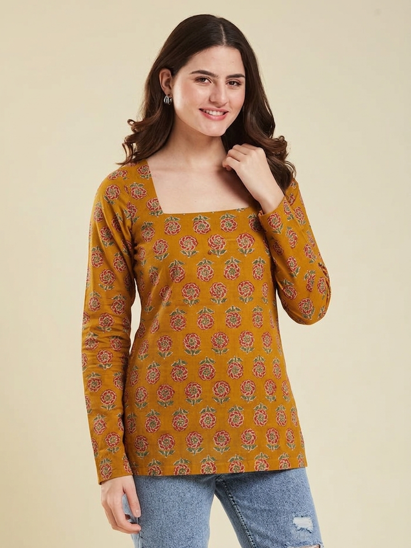 Women's rayon handprinted designer casual wear ethnic orange short kurti