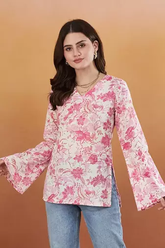 handmade block printed rayon fabric designer pink tops & tunics