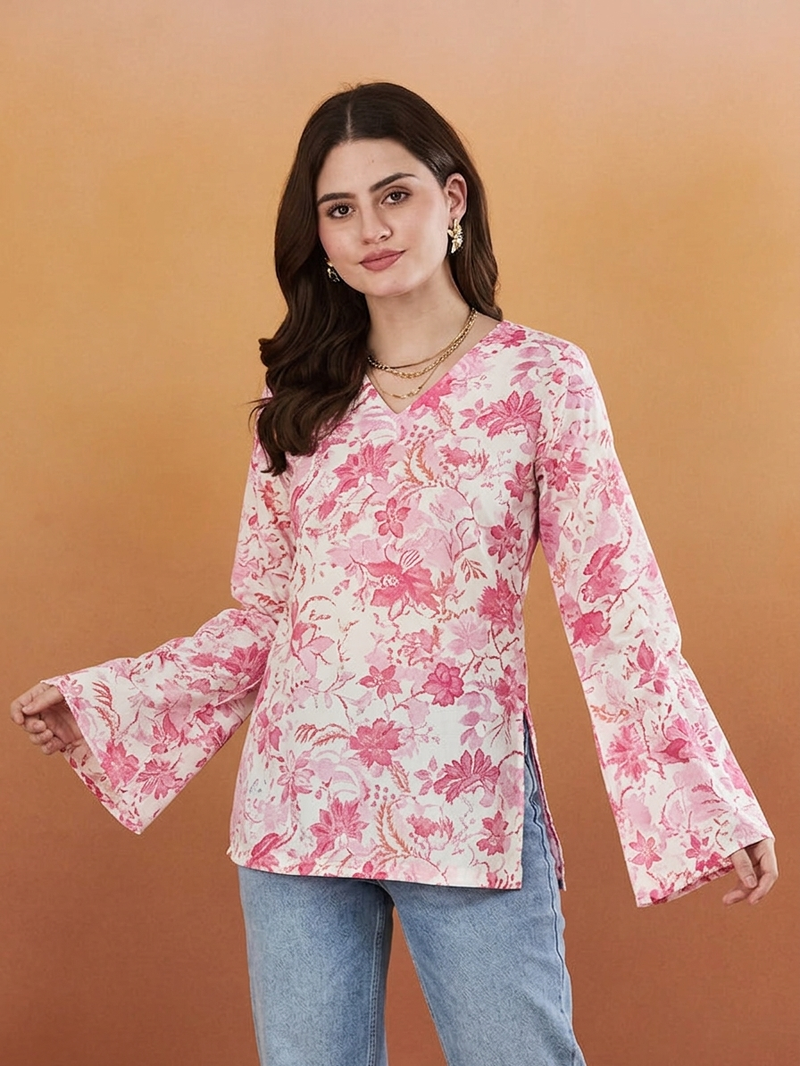 handmade block printed rayon fabric designer pink tops & tunics