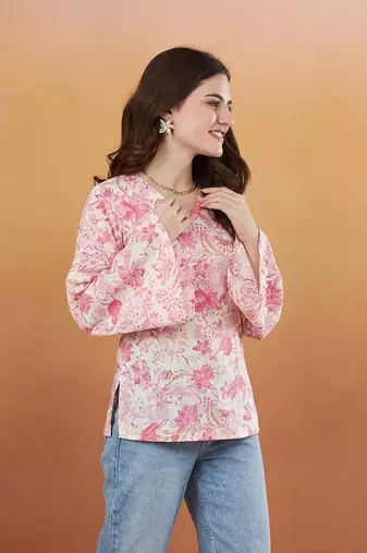 handmade block printed rayon fabric designer pink tops & tunics