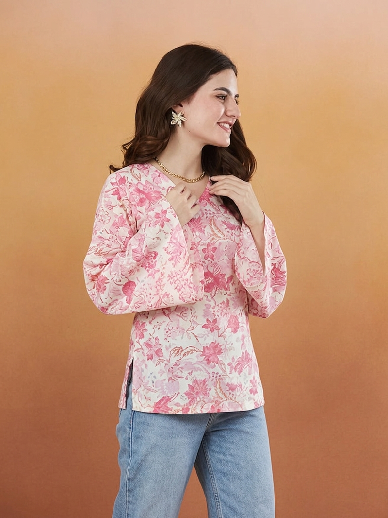 handmade block printed rayon fabric designer pink tops & tunics
