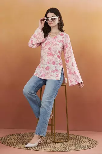handmade block printed rayon fabric designer pink tops & tunics