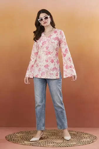 handmade block printed rayon fabric designer pink tops & tunics
