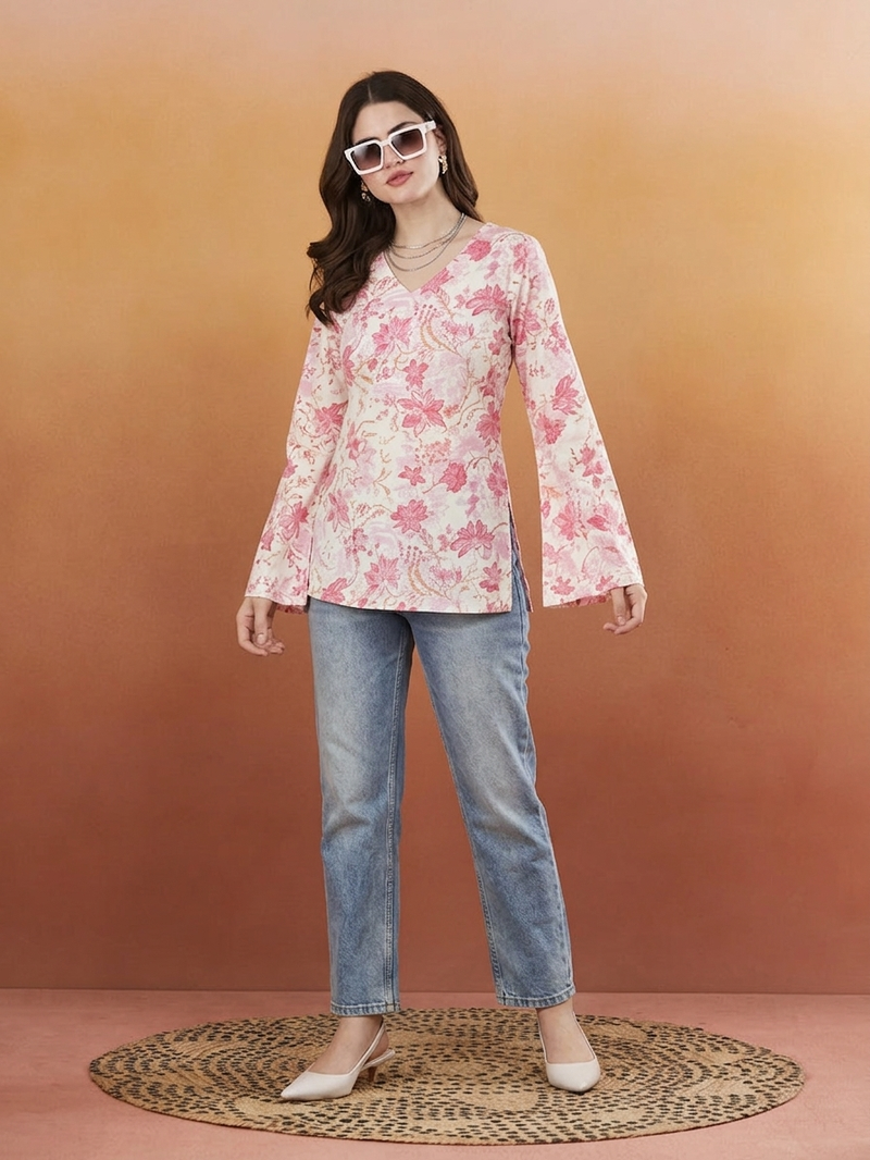 handmade block printed rayon fabric designer pink tops & tunics