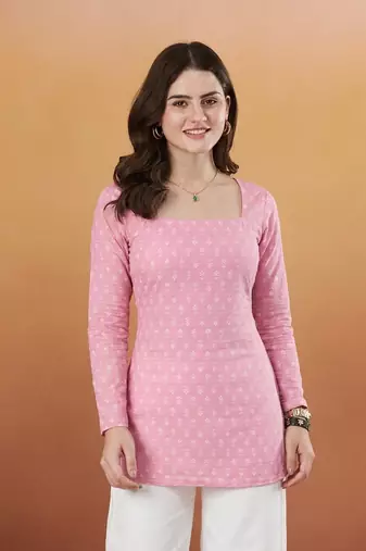 handmade block printed rayon fabric designer pink tops & tunics