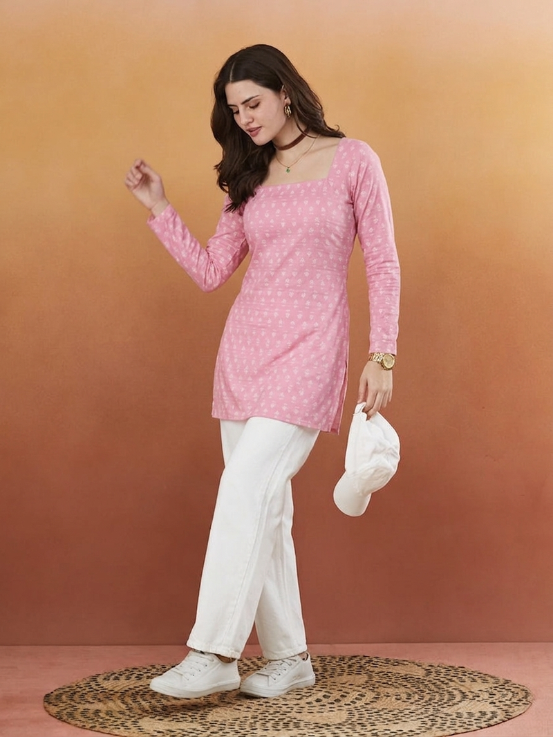 handmade block printed rayon fabric designer pink tops & tunics