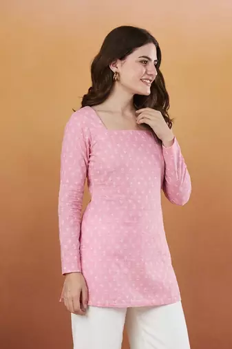 handmade block printed rayon fabric designer pink tops & tunics