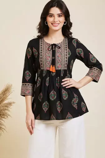 Pack of 1 handmade block printed rayon fabric designer tops & tunics