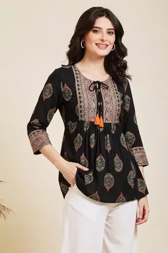 Pack of 1 handmade block printed rayon fabric designer tops & tunics